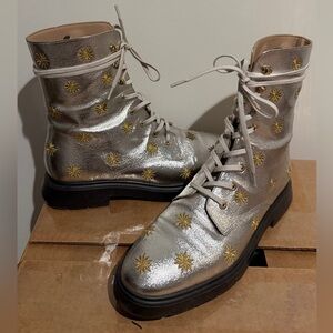Stuart Weitzman Silver Combat Boots with Gold Details